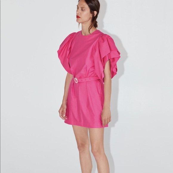 ZARA BNWT Pink Mini Dress with Voluminous Sleeves and Jeweled Buckle Belt Sz M - Picture 6 of 8